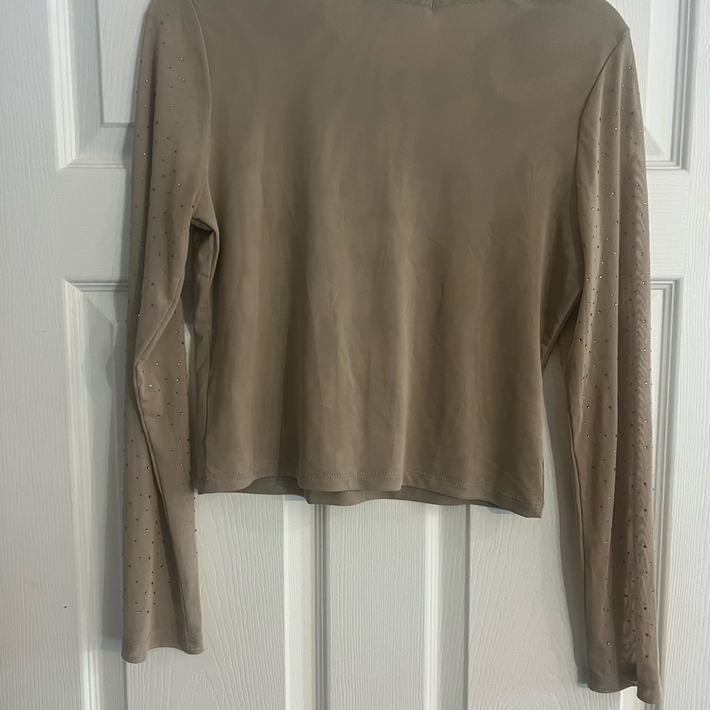 Madden Girl Taupe Long Sleeve Crewneck Top with Sleeve Rhinestones